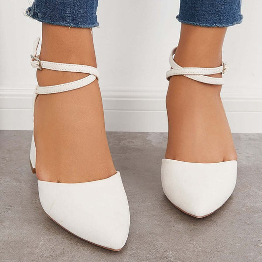 Block Chunky Low Heels Pointed Toe Ankle Strap Pumps