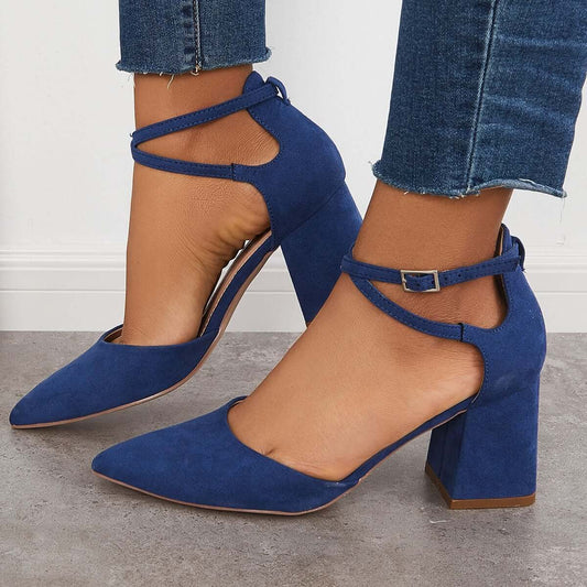Block Chunky Low Heels Pointed Toe Ankle Strap Pumps