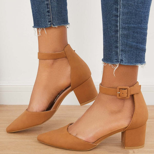 Block Low Heel Pumps Pointed Toe Ankle Buckle Strap Heels