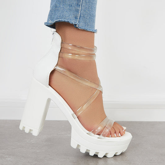 Block Lug Sole Chunky Heels Transparent Ankle Strap Sandals